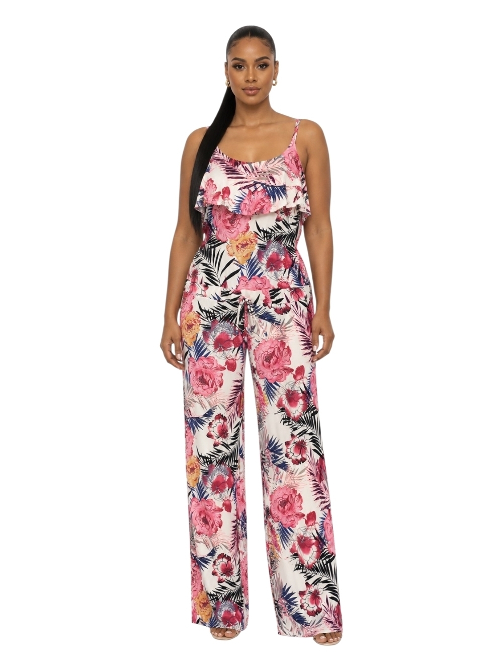 Beach Break Floral Jumpsuit Size M Tropical Print Spaghetti Strap Wide Leg.